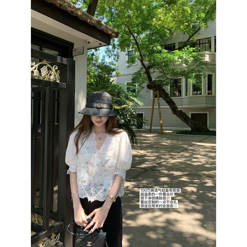 Superniniyy Date Diary 100% Ramie Patchwork Lace Gentle Puff Sleeve Shirt Top # 5241 Superniniyy Date Diary 100% Ramie Patchwork Lace Gentle Puff Sleeve Shirt Top # 5241