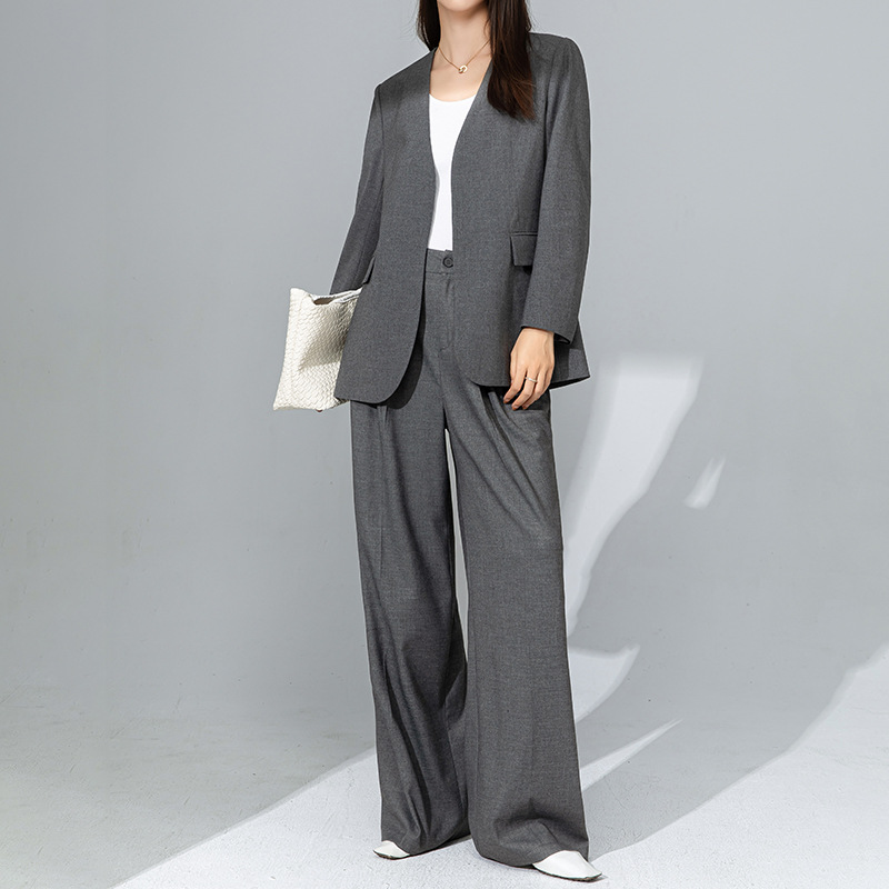 Áo blazer nữ cổ V len TR cao cấp dáng suông công sở — Quần màu xám 73144113