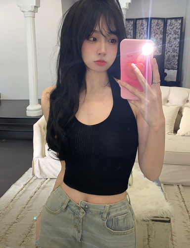 Hot girl halterneck lace-up camisole  new summer foreign trade off-shoulder pure lust wind ice silk knitted sleeveless top