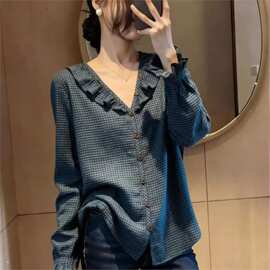 一件代发直播爆款格子荷叶边衬衫女2026春季新款显瘦长袖衬衣上衣