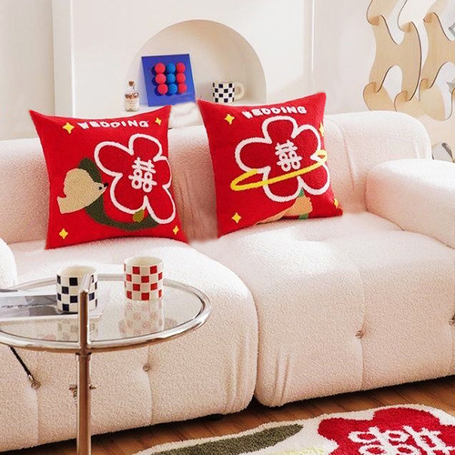 Chinese style wedding national trend festive wedding combination pillow sofa lumbar bed decorative pillow flower red cushion