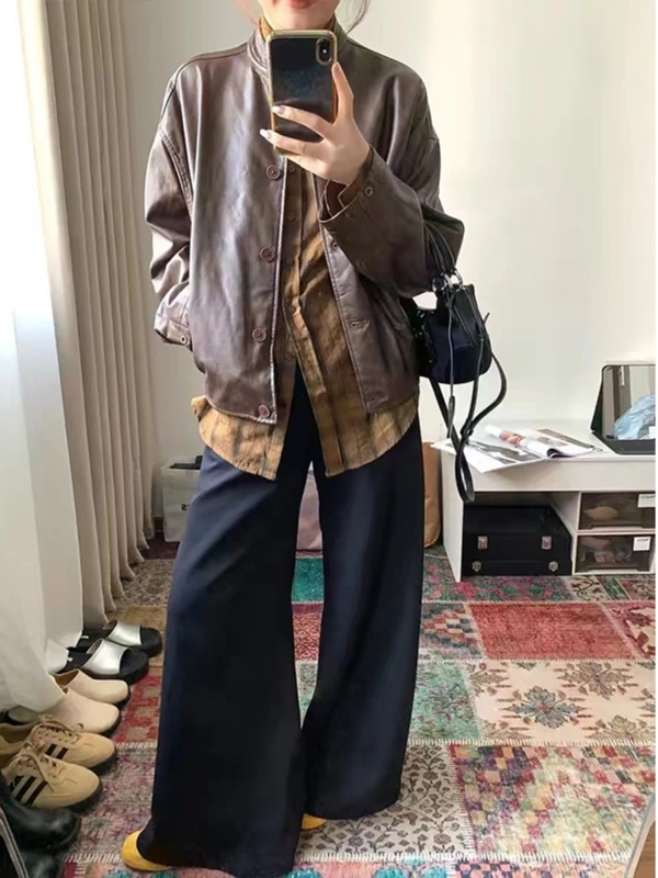 美式复古美拉德咖色皮衣外套女早秋新款高级感休闲开衫夹克上衣潮|undefined