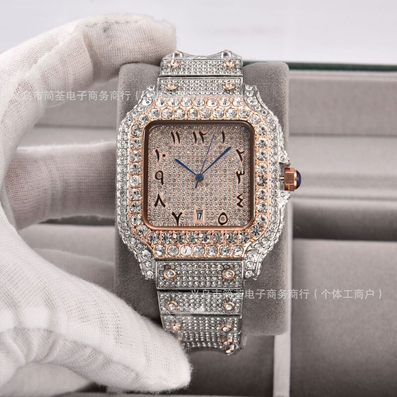 2025 Hot-Selling Classic Style New Luxury Full Diamond Square Cross-Border Men's Quartz Watch Fashion Party