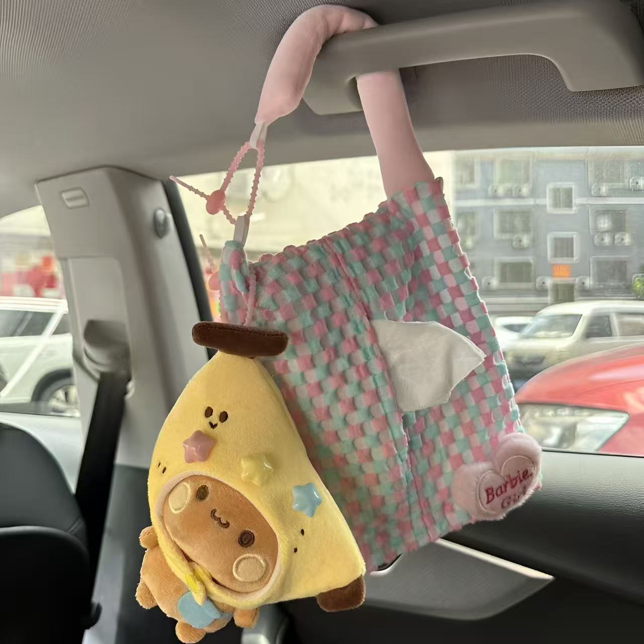Cute Macaron Bubble Grid Car Seat Back Tissue Box Hanging Car Interior Decoration