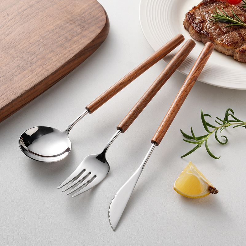 Wooden Handle Portuguese 304 Stainless Steel Knife, Fork, and Spoon with Rosewood Handle, Japanese-Style Steak Knife and Fork, Household Spoon, Dessert Fork Wooden Handle Portuguese 304 Stainless Steel Knife, Fork, and Spoon with Rosewood Handle, Japanese-Style Steak Knife and Fork, Household Spoon, Dessert Fork