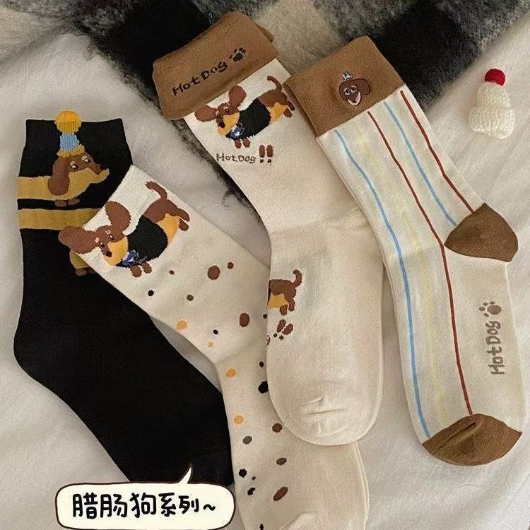 春夏の日本系ins潮色波点犬靴下の新型かわいい漫画ソーセージ犬綿靴下|undefined