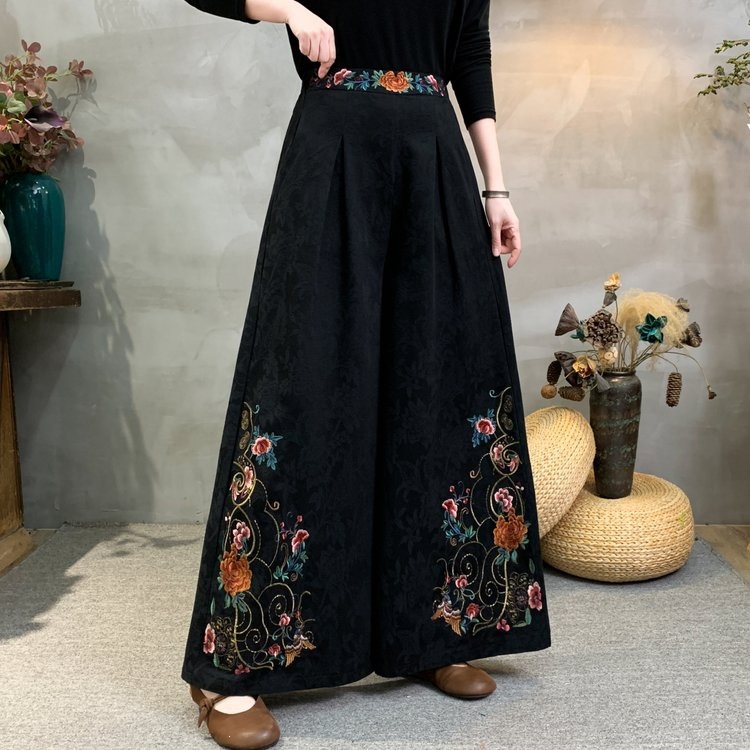 Chinese-style ethnic embroidered wide-leg pants with embroidered jacquard fabric waistband, high-waisted long culottes for middle-aged women