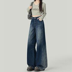 美式复古设计感阔腿牛仔裤女2025夏季直筒宽松显瘦拖地裤子