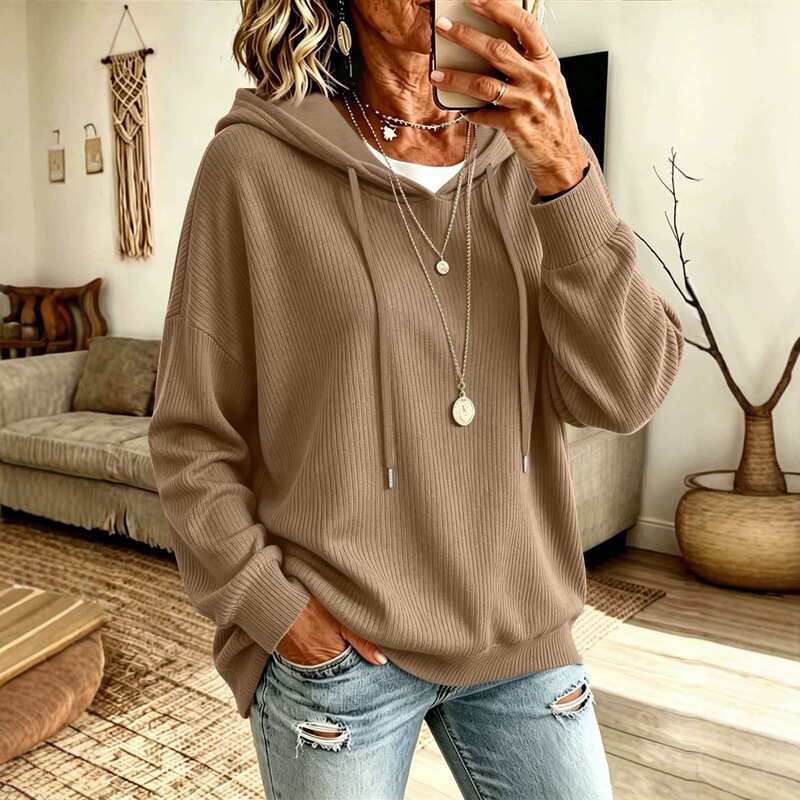 Cross-border European and American women's autumn and winter solid-color drawstring hooded knit sweater, loose fit, plus size, with pockets, casual style, long sleeves Cross-border European and American women's autumn and winter solid-color drawstring hooded knit sweater, loose fit, plus size, with pockets, casual style, long sleeves