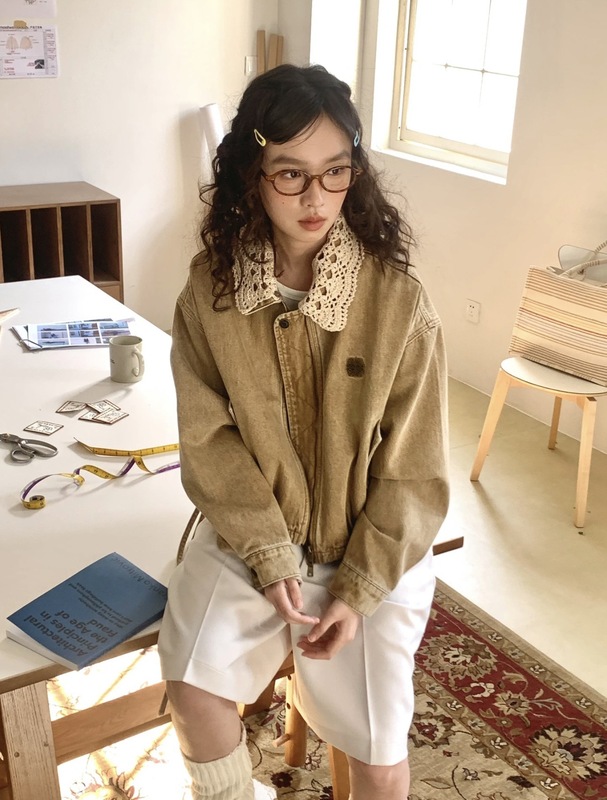 leo美式复古女25年秋季新款褶皱休闲POLO领翻领牛仔外套夹克上衣|undefined