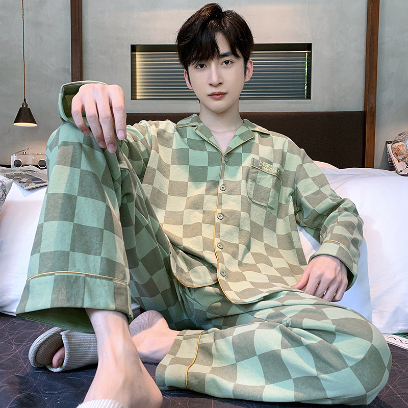 Pijamas de los hombres de primavera y otoño 100% algodón pantalones de manga larga delgada más tamaño de los hombres de alto grado traje de desgaste para el hogar