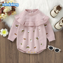 ins热卖秋冬季新款宝宝针织绣花工艺花边圆领连体三角哈衣爬服