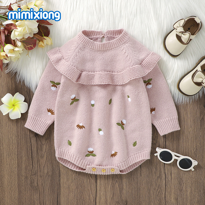 Ins Hot Selling Autumn and Winter New Baby Knitted Embroidered Lace Round Neck One-Piece Triangle Romper