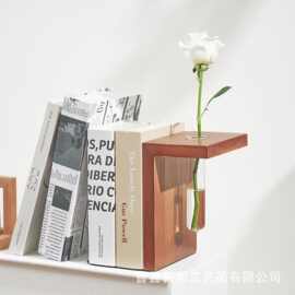 木质书架带花盆玻璃容器植物支架家庭办公装饰品带试管花瓶书立架