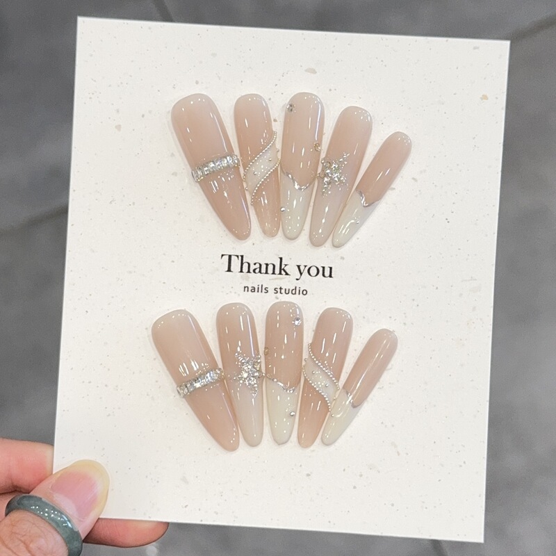 [Baiqiao] Gentle Full Diamond Ins Style Handmade Wearable Nails Long White Nail Art Patches Fake Nails Wholesale