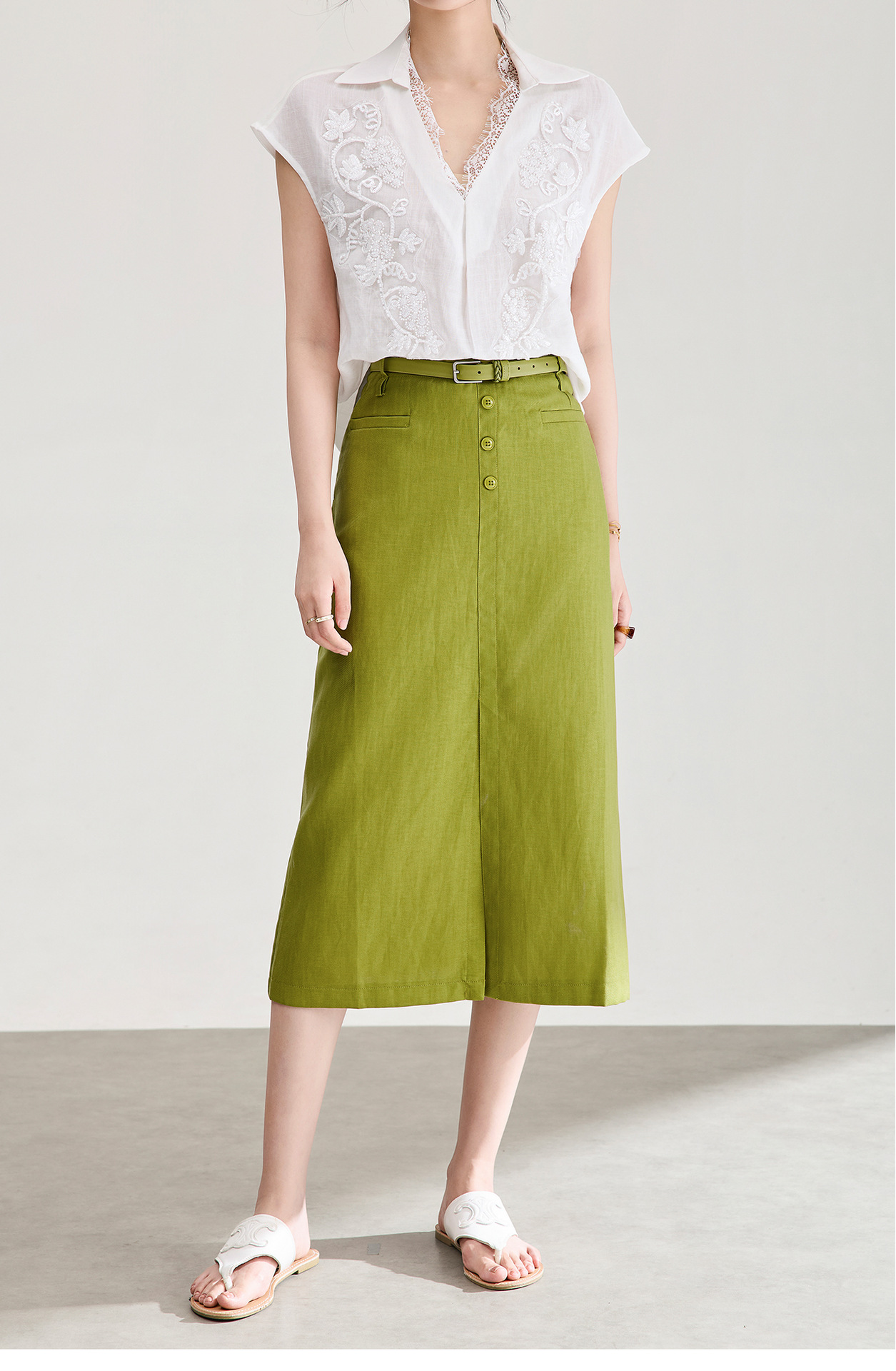 Chân váy xếp ly nữ xòe chất liệu tencel linen thoáng mát — Màu gai dầu thô chi tiết 10