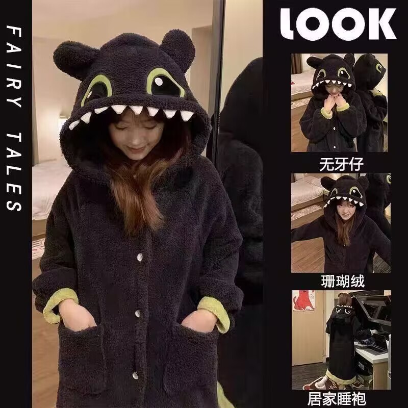 Internet Celebrity Toothless Thick Coral Fleece Pajamas for Women, Autumn and Winter Flannel Bathrobe, Home Wear Set for Outerwear Internet Celebrity Toothless Thick Coral Fleece Pajamas for Women, Autumn and Winter Flannel Bathrobe, Home Wear Set for Outerwear