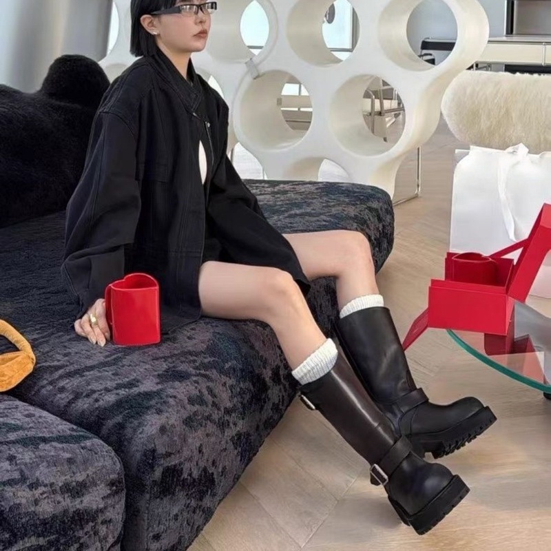 牛皮休闲百搭皮带扣骑士靴女款中筒靴子2025秋冬新款真皮女靴|undefined