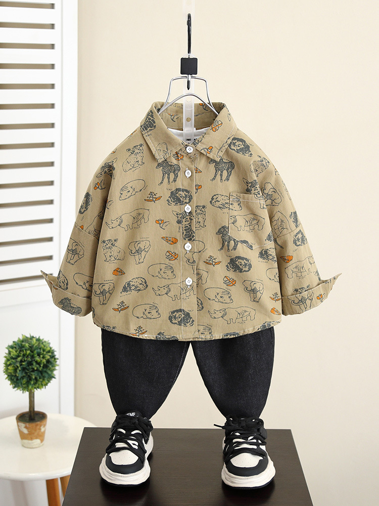 5837 Camisa de dibujos animados para niños Primavera y otoño para niños Camisa coreana de manga larga de estilo occidental 2025 nueva chaqueta para niños