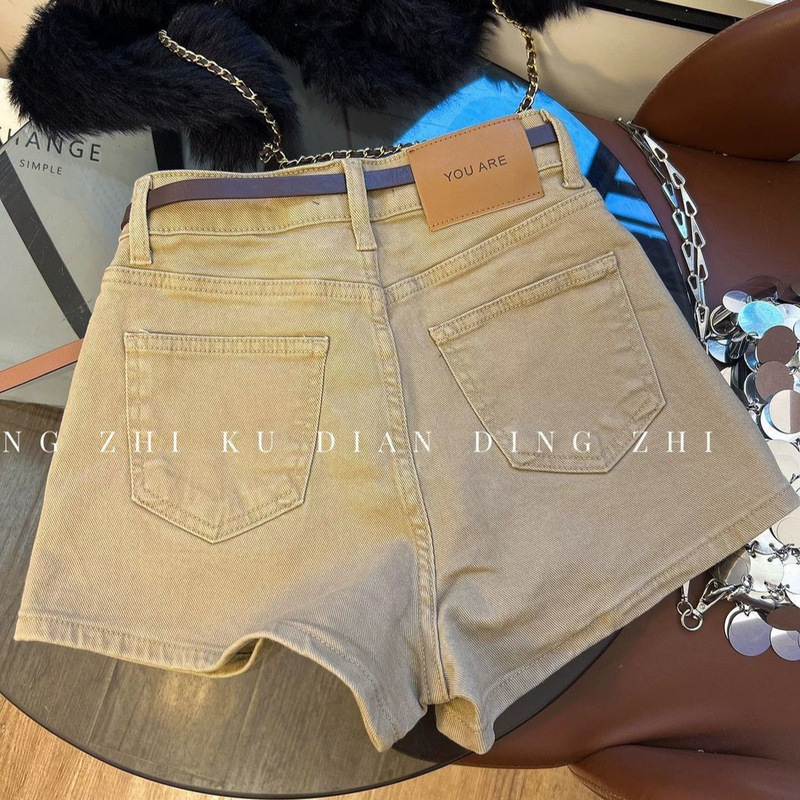 Trendy Style~ Khaki Denim Shorts for Women, Summer Retro Hot Girl High-Waisted Slim-Fit A-Line Hot Pants, Trendy Korean Style