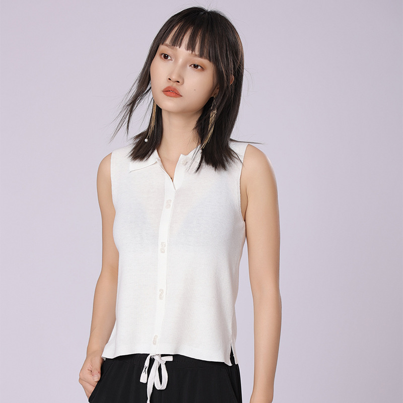 [in Stock] Wool Shirt Collar Knitted Vest for Women 2024 Sleeveless Base Layer Top with Stylish Shirt Collar Design