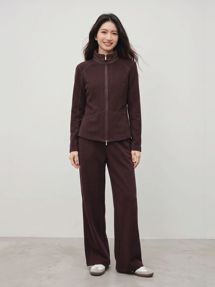 Áo khoác nữ thể thao nhẹ cổ đứng dệt kim co giãn phối lông mịn — màu cà phê