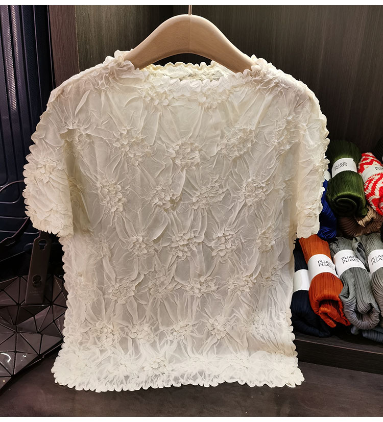 Áo thun nữ tay ngắn cổ tròn chất liệu cotton dập nổi hoa văn nổi cao cấp — Màu đen, Màu đào, Màu trắng, Màu xám chi tiết 7