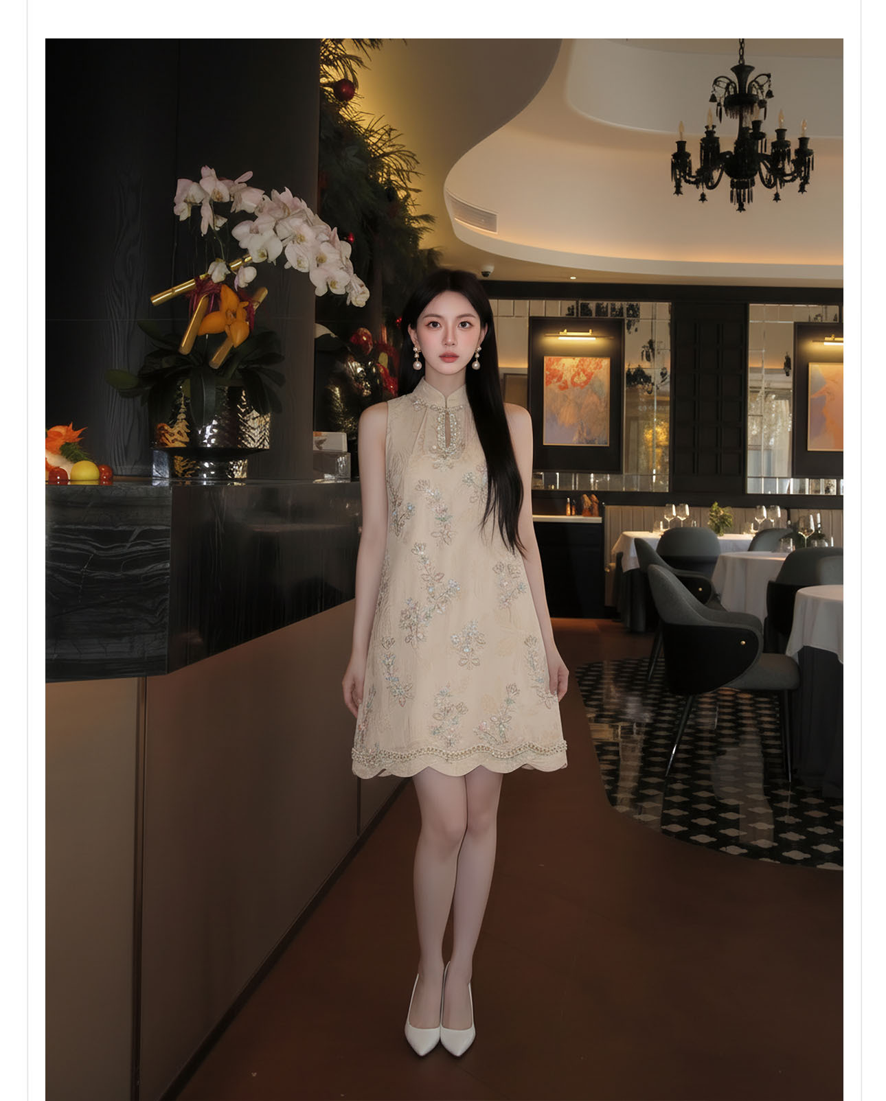 Đầm suông midi tay không họa tiết hoa nhí phong cách Tân Trung Hoa thêu hạt cườm — màu mơ chi tiết 15