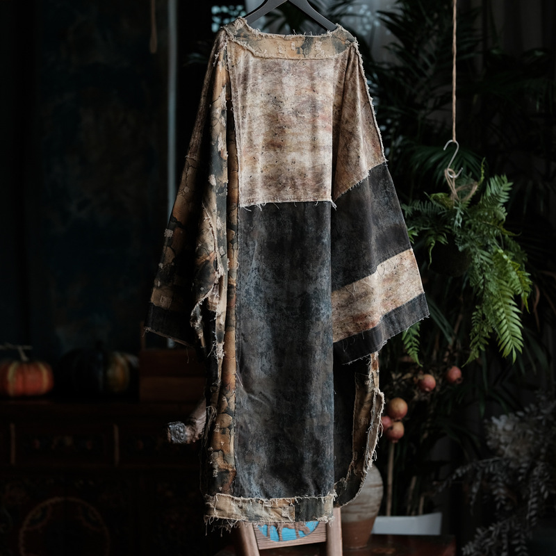 Vintage Artistic Distressed Vibe Niche Color-Blocking Spring Robe with Button Closure 2283 Wild Style