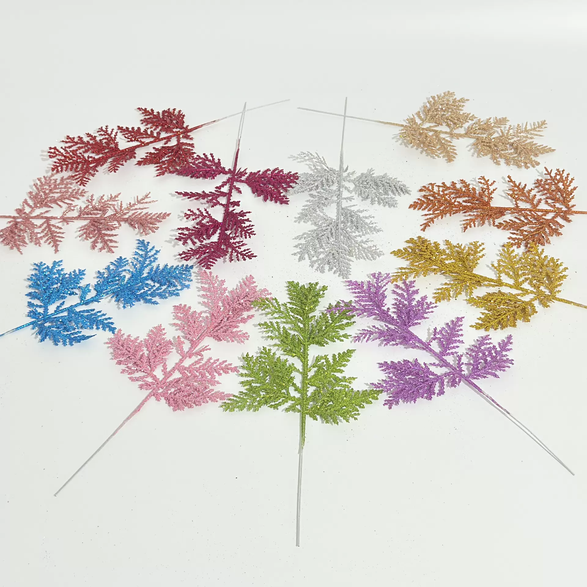 圣诞装饰金粉松枝圣诞树插枝配件居家圣诞仿真金粉树枝跨境热销