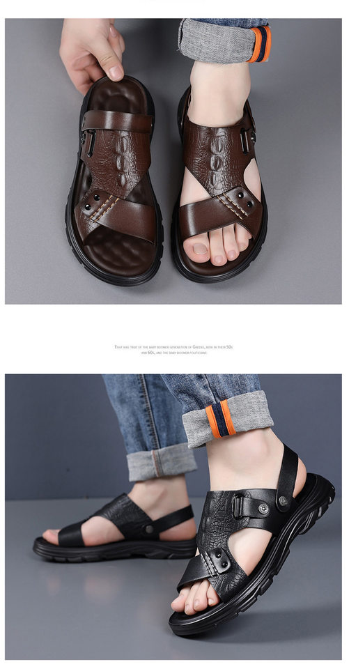 Dép sandal nam quai ngang mũi tròn, đế bằng mềm chống trượt, kiểu hở ngón đi biển và đi ngoài trời — Màu nâu, màu đen chi tiết 20