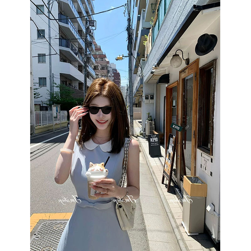 Jmshop Miss Windsor Tr Twill Suit Material Doll Collar Dress for Women, Waist-Cinching Slimming Sleeveless Tank Dress