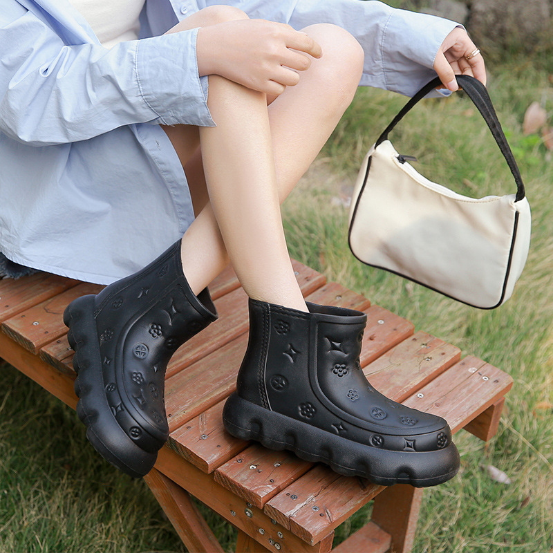 Cizme de ploaie pentru femei, model ploios, cu fund gros, antiderapant, tip booster, butuc scurt, impermeabile și rezistente la uzură_voghion.com