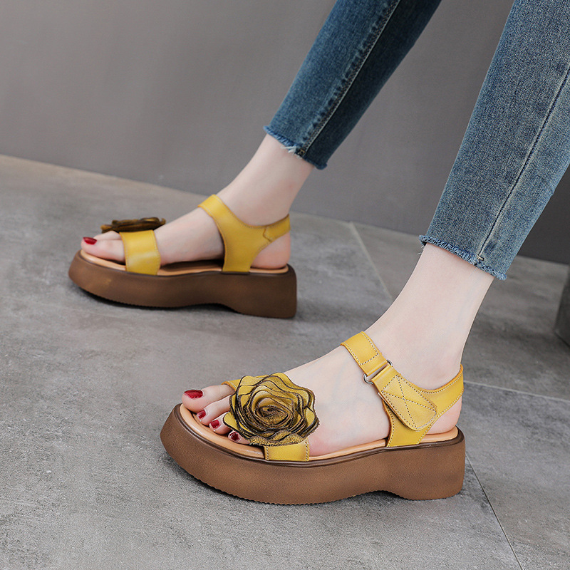 Sandal hở mũi nữ da bò thật đế dày phong cách La Mã cổ điển — Màu trắng be
