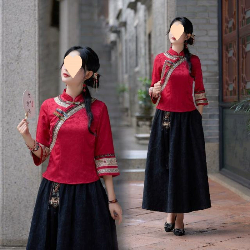 2025 новый осенне-зимний китайский стиль ретро в стиле Республики Китай маленький топ чонсам утягивающий двухкомплектный костюм