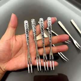 新款冰裂纹不锈钢水果叉家用甜品叉高档网红加厚锤纹蛋糕点心叉子