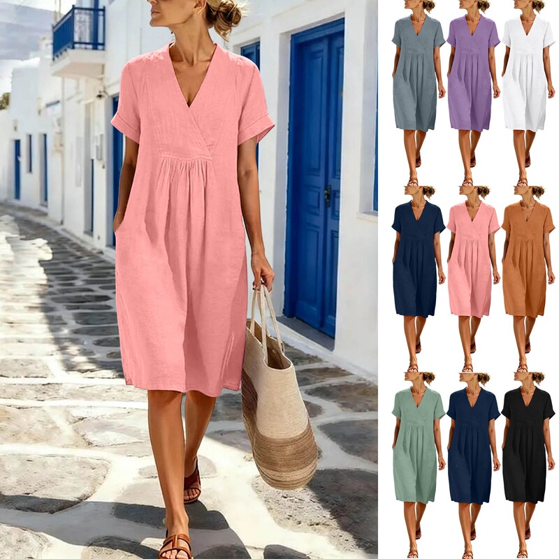 European and American Amazon Women's V-neck Summer Imitation Cotton-Linen Dress Short Sleeve Tank Top Pocket Dress European and American Amazon Women's V-neck Summer Imitation Cotton-Linen Dress Short Sleeve Tank Top Pocket Dress