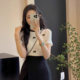 6625# French Style Chanel Style Bow Ice Silk Knitted Short-sleeved Women's Summer New High-end Puff Sleeve Top