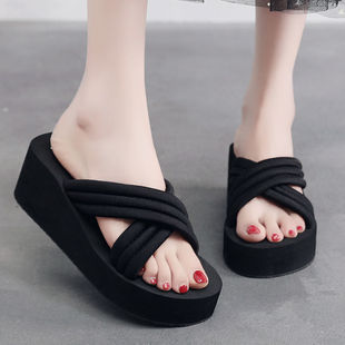 6cm thick wedge slippers women's 2024 New Fashion cross height increasing slippers women's casual seaside beach sandals