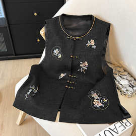 mmc1097国风新中式2026春秋新款中国风缎面刺绣气质黑色百搭马甲