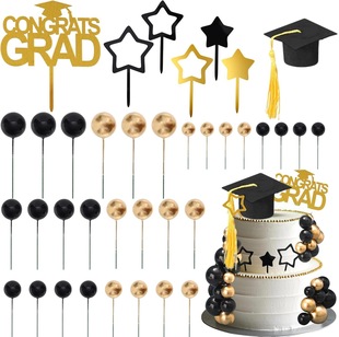 31 Pieces of Graduation Party Cake Decoration Acrylic Graduation Card Black Gold Five-Pointed Star Felt Mini Doctor