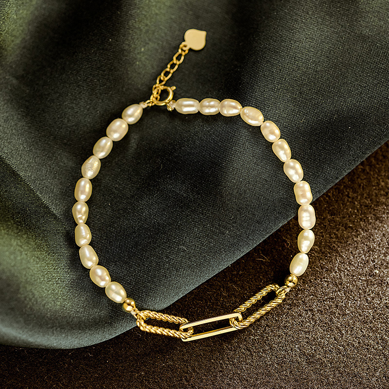 Korean Pure 14K Gold Pearl Bracelet Women's Check Chain Niche Exquisite Vintage Gold Jewelry 40571