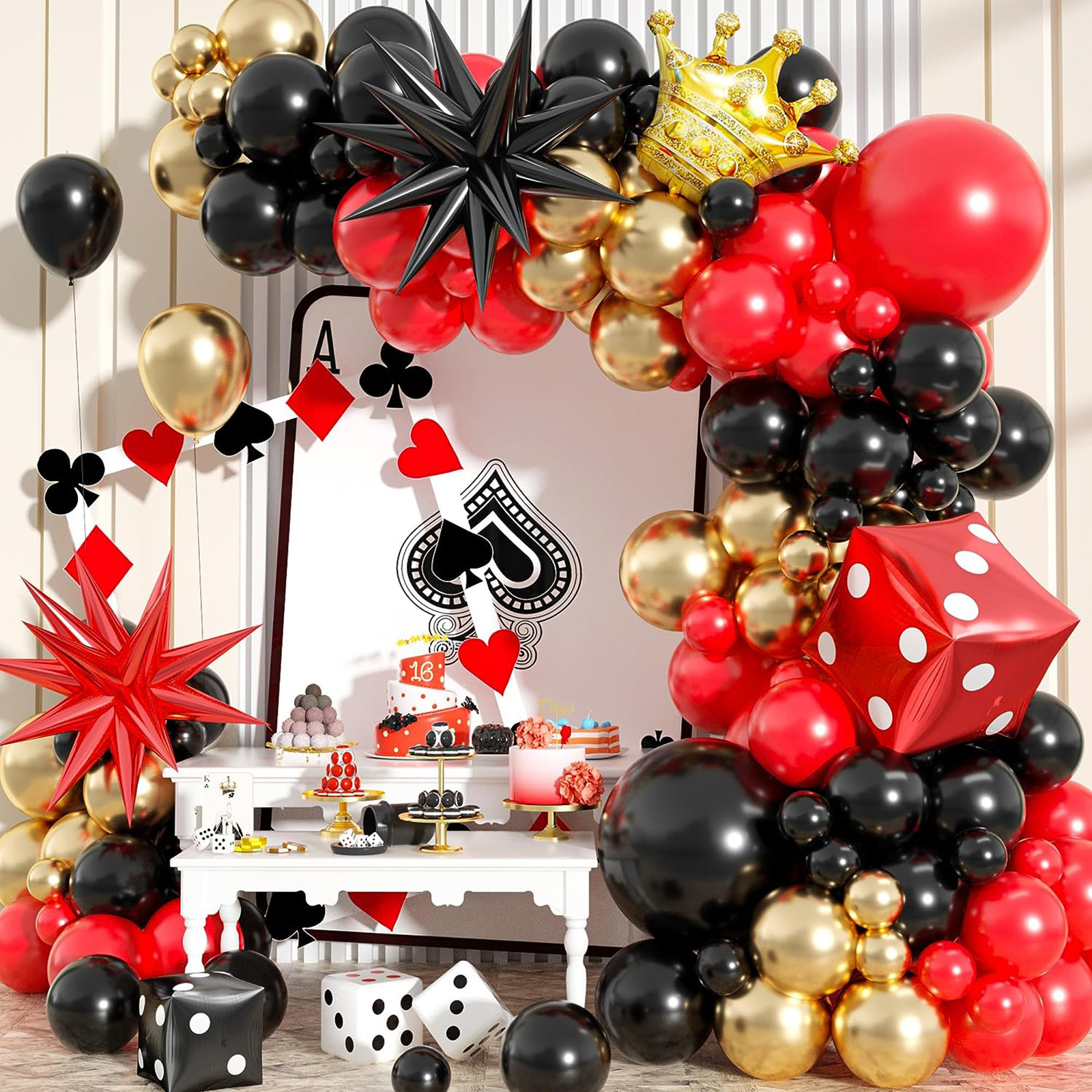 跨境黑红色气球链拱门套装赌场扑克骰子风格色子气球装饰布置花环