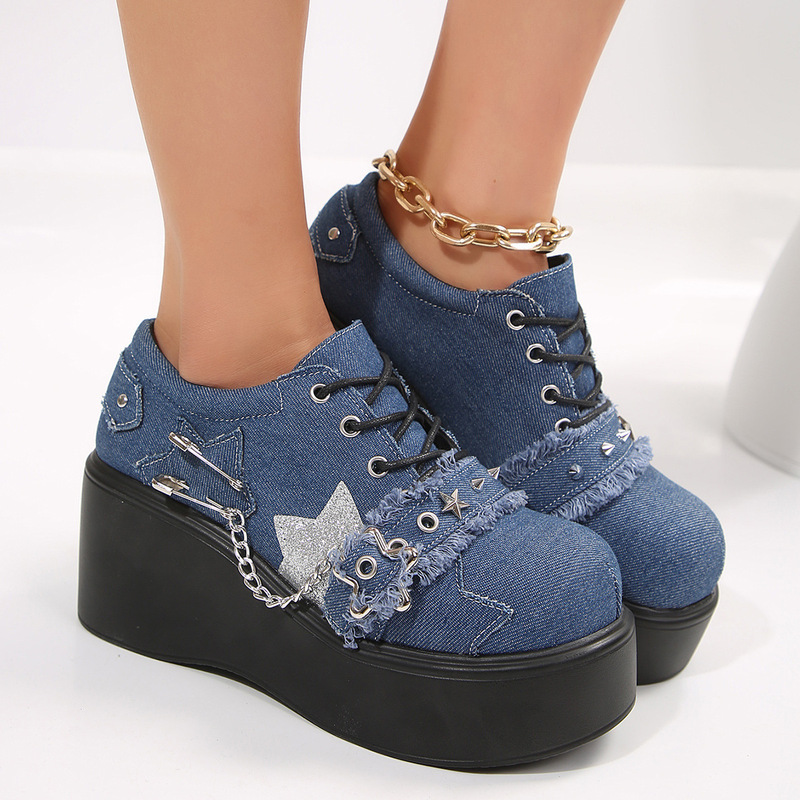 Foreign trade cross-border rivet plus size sponge wedge heel shoes 2025 spring new denim round head JK Mary Jane shoes