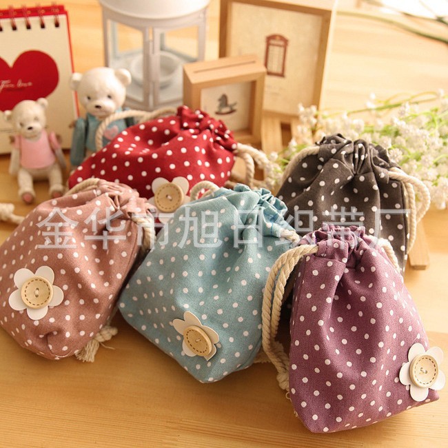 厂家直销 创意家居口袋清新可爱波点棉麻小花束口袋 糖果色收纳袋