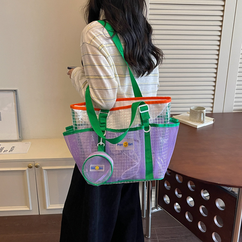Dopamine Color-Blocking Beach Bag Travel Mesh Swimming Bag Large Capacity Shoulder Bag Travel Bathing Toiletry Bag