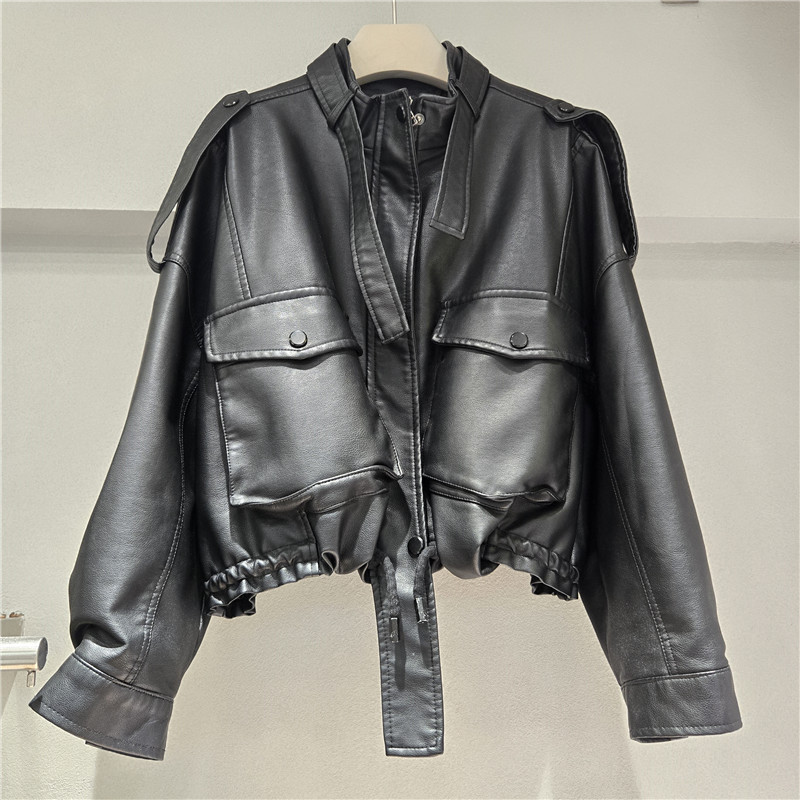 Chaqueta de Piel Sintética con Cuello Alto para Mujer de Cuero Sintético PU para Otoño