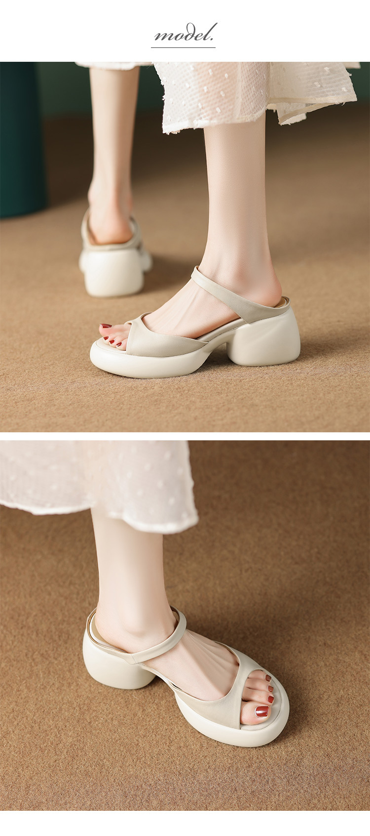 Sandal cao gót hở mũi nữ phong cách Pháp đế dày chống trượt — màu đen, màu trắng ngà, màu vàng chi tiết 9