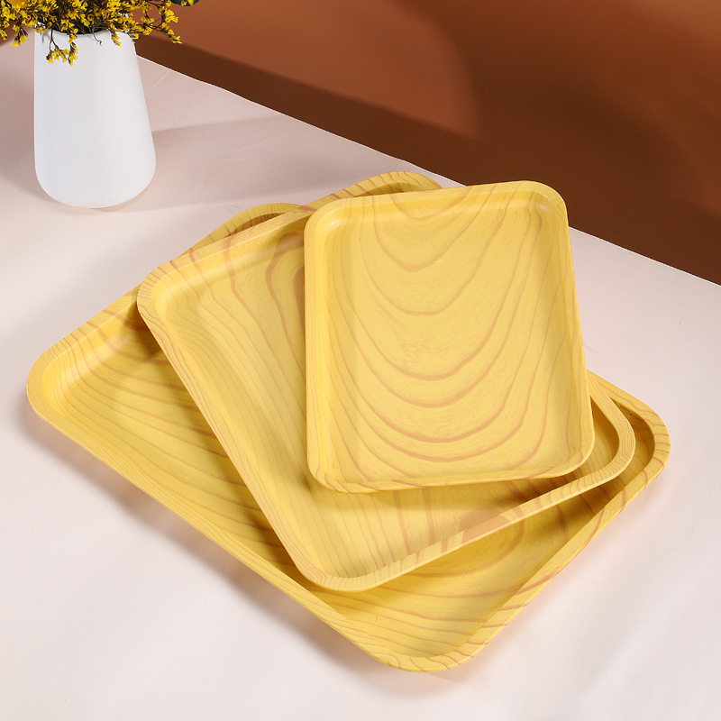 Bandeja de plástico, bandeja de té, rectangular, hogar, sala de estar, plato de almacenamiento de bocadillos de frutas, plato de comedor de grano de madera de imitación al por mayor
