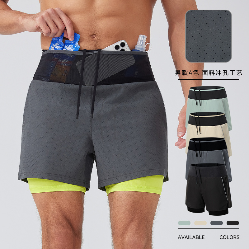 Cross-border men's sports shorts for summer running training, faux two-piece three-quarter shorts for fitness training, marathon quick-dry shorts Cross-border men's sports shorts for summer running training, faux two-piece three-quarter shorts for fitness training, marathon quick-dry shorts